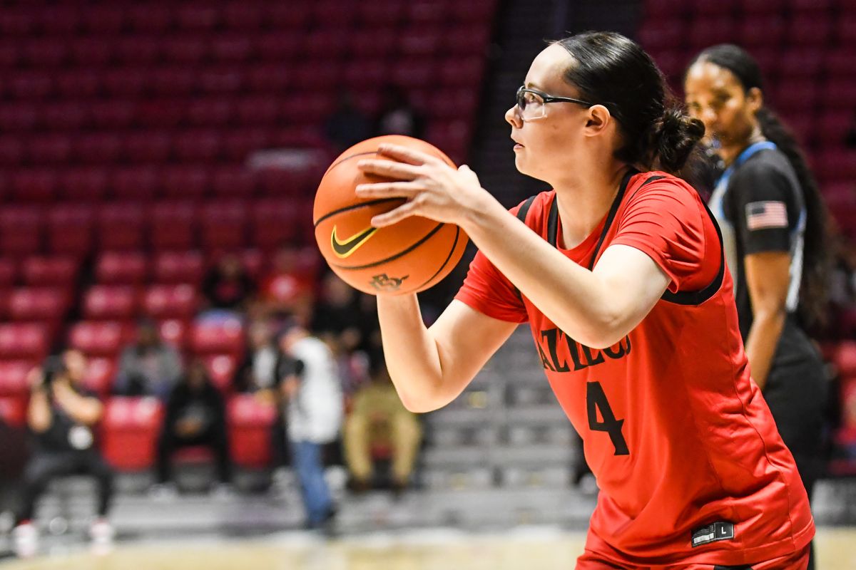 SDSU guard CJ Latta (4) sets up for a three-point shot during an NCAA Women’s basketball  game against San Jose State   Saturday January 24, 2026 in  San Diego, California.