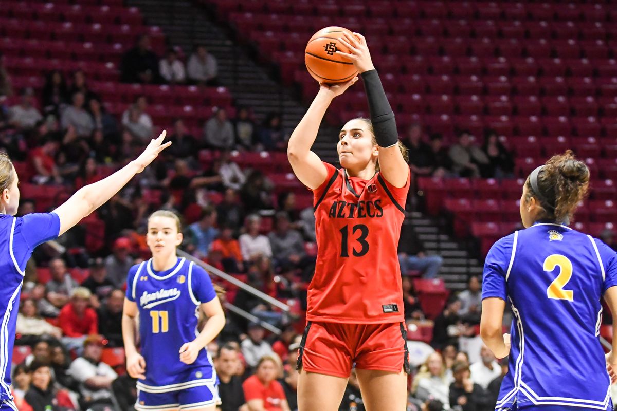 SDSU forward Maria Konstantinidou (13) shoots the ball  during an NCAA Women’s basketball  game against San Jose State   Saturday January 24, 2026 in  San Diego, California.