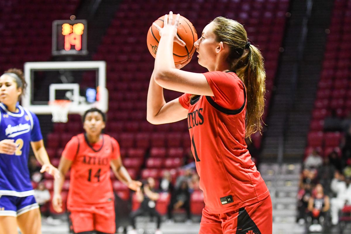 SDSU guard Kendall Mosley (1) shoots a 3PT jump shot during an NCAA Women’s basketball  game against San Jose State   Saturday January 24, 2026 in  San Diego, California.
