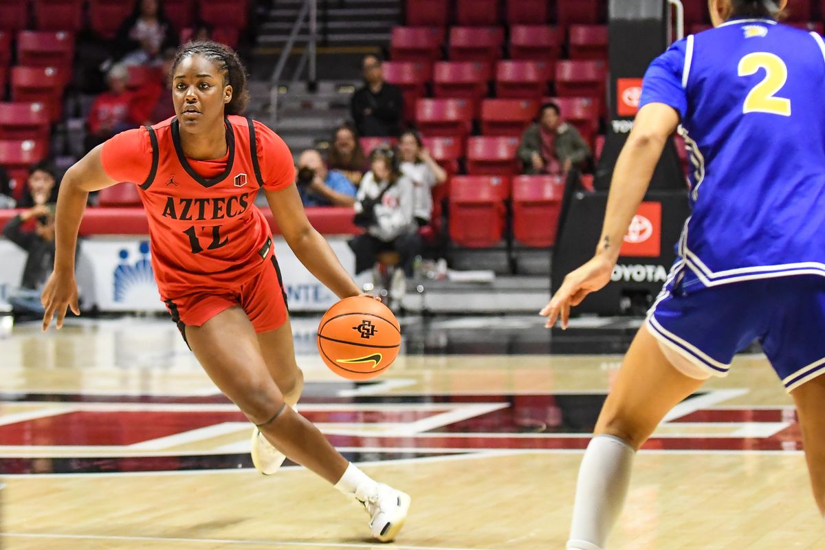 SDSU guard Kaelyn Hamilton (12) bring the ball up the floor during an NCAA Women’s basketball  game against San Jose State   Saturday January 24, 2026 in  San Diego, California.