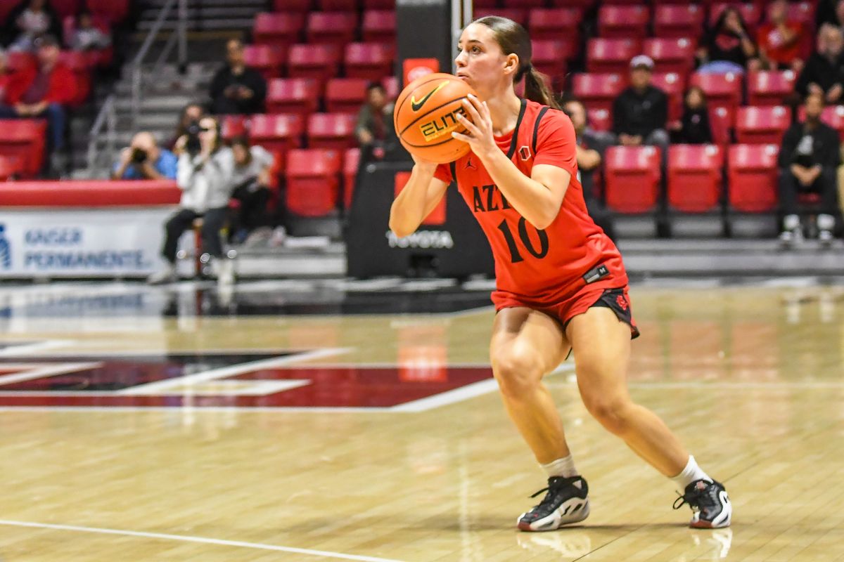 SDSU guard Nat Martinez (10) shoots a 3PT jump shot during an NCAA Women’s basketball  game against San Jose State   Saturday January 24, 2026 in  San Diego, California.