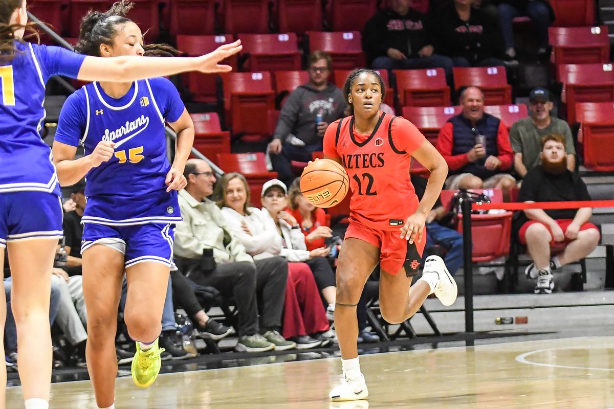 SDSU guard Kaelyn Hamilton (12) bring the ball up the floor during an NCAA Women’s basketball  game against San Jose State   Saturday January 24, 2026 in  San Diego, California.