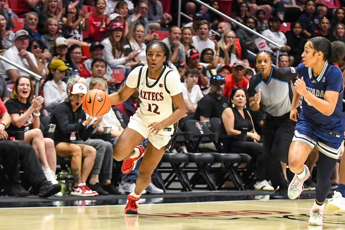SDSU guard Kaelyn Hamilton (12) brings the ball up the floor during an NCAA basketball  game against Nevada Saturday January 31, 2026 in  San Diego, California.