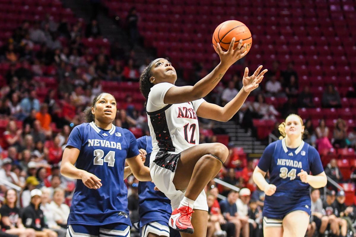 SDSU guard Kaelyn Hamilton (12) makes a driving layup during an NCAA basketball  game against Nevada Saturday January 31, 2026 in  San Diego, California.