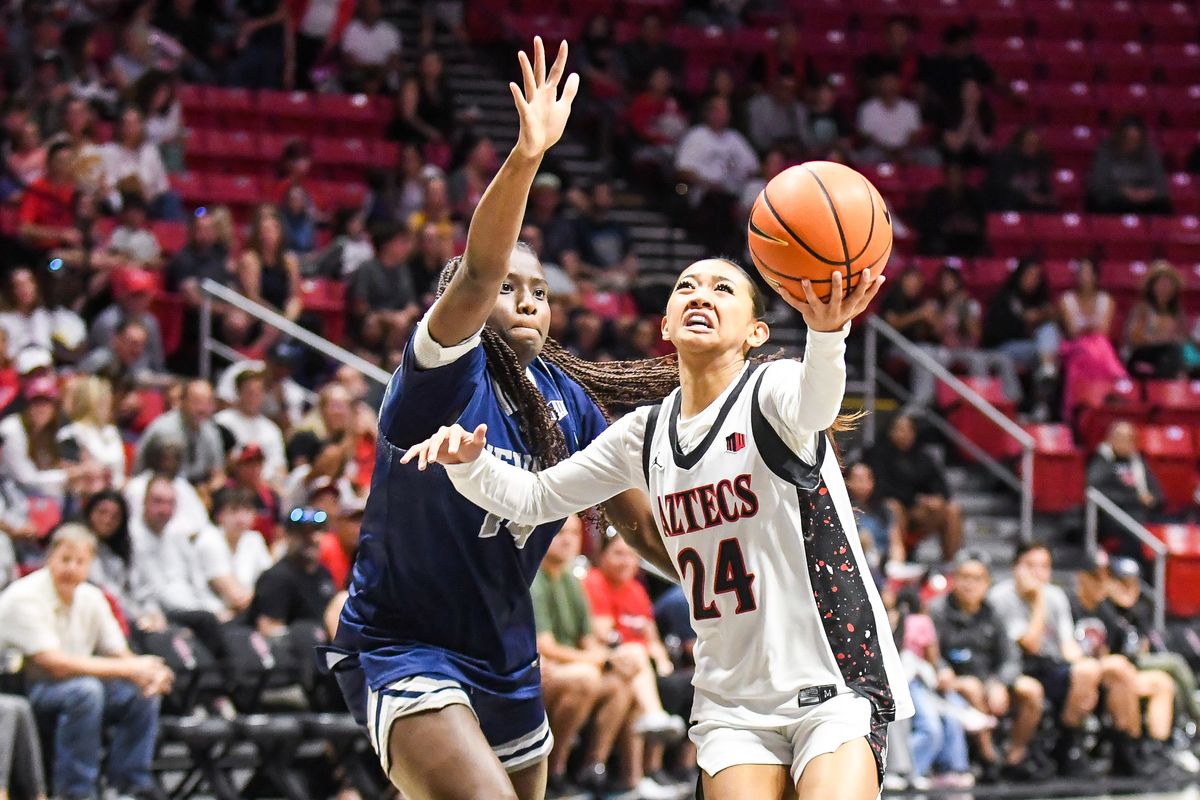SDSU guard Naomi Panganiban (24) makes a running layup during an NCAA basketball  game against Nevada Saturday January 31, 2026 in  San Diego, California.