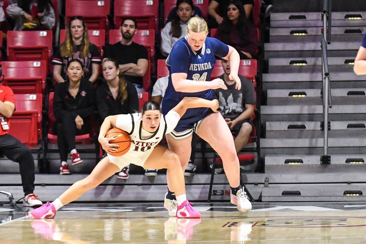 SDSU guard Nat Martinez (10) secures a rebound during an NCAA basketball  game against Nevada Saturday January 31, 2026 in  San Diego, California.