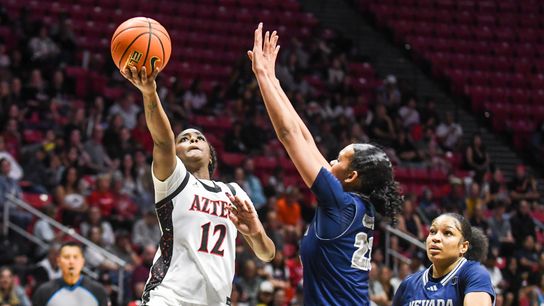SDSU guard Kaelyn Hamilton (12) makes a running layup during an NCAA basketball  game against Nevada Saturday January 31, 2026 in  San Diego, California.