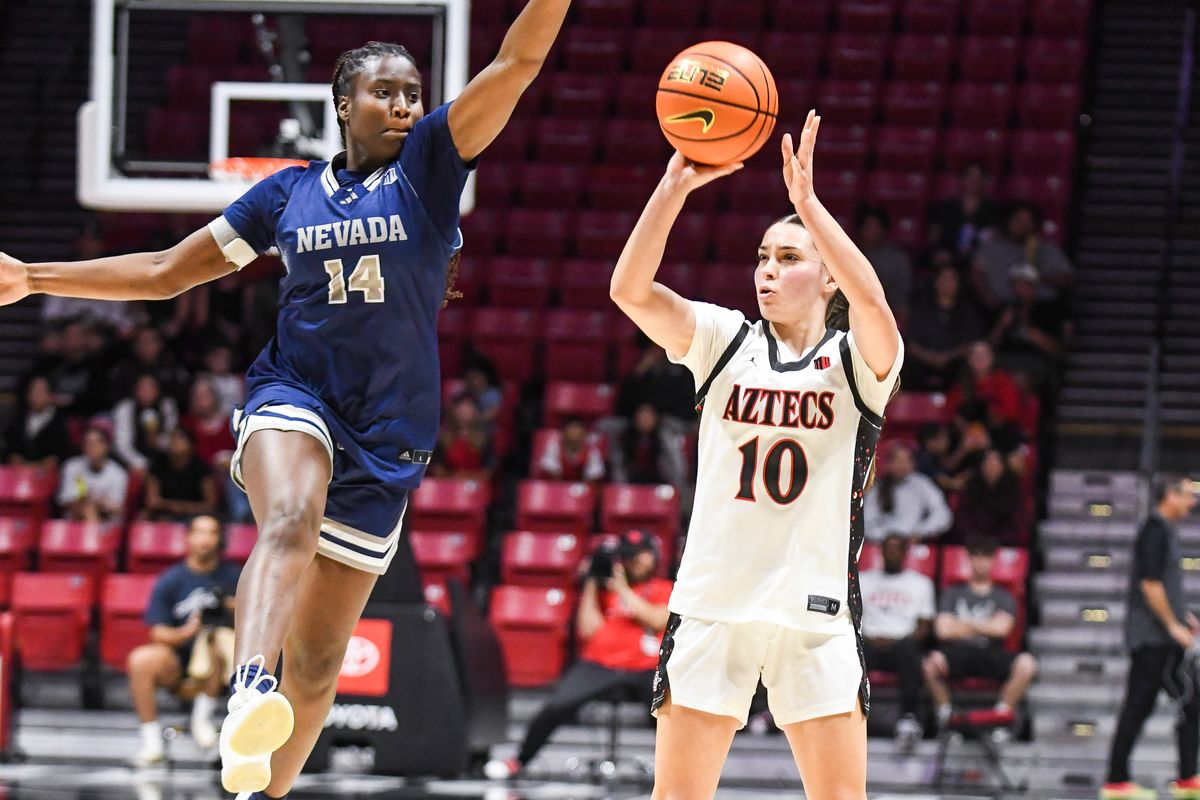 SDSU guard Nat Martinez (10) shoots a 3PT jump shot  during an NCAA basketball  game against Nevada Saturday January 31, 2026 in  San Diego, California.