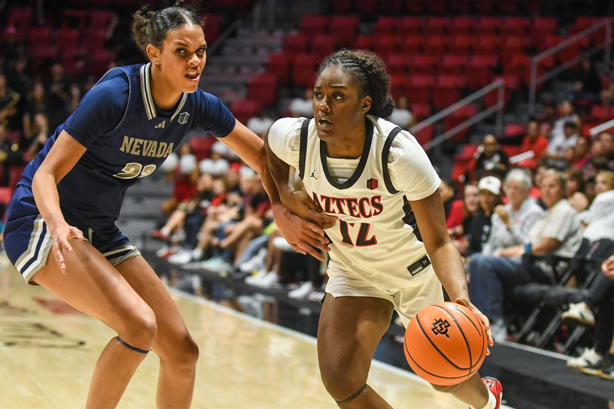 SDSU guard Kaelyn Hamilton (12) attacks the rim during an NCAA basketball  game against Nevada Saturday January 31, 2026 in  San Diego, California.