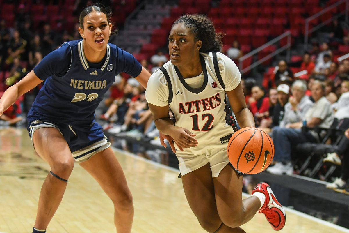 SDSU guard Kaelyn Hamilton (12) dribbles the ball during an NCAA basketball  game against Nevada Saturday January 31, 2026 in  San Diego, California.