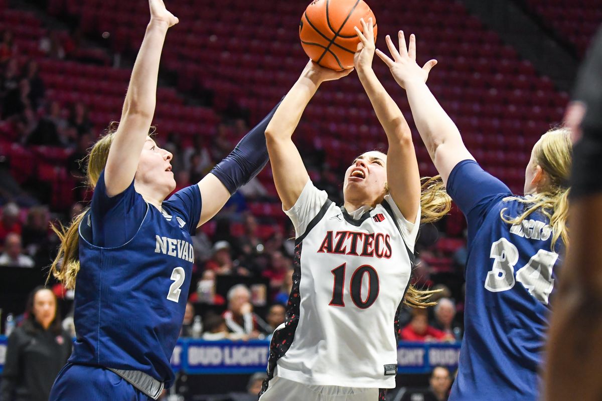SDSU guard Nat Martinez (10) shoots the ball  during an NCAA basketball  game against Nevada Saturday January 31, 2026 in  San Diego, California.