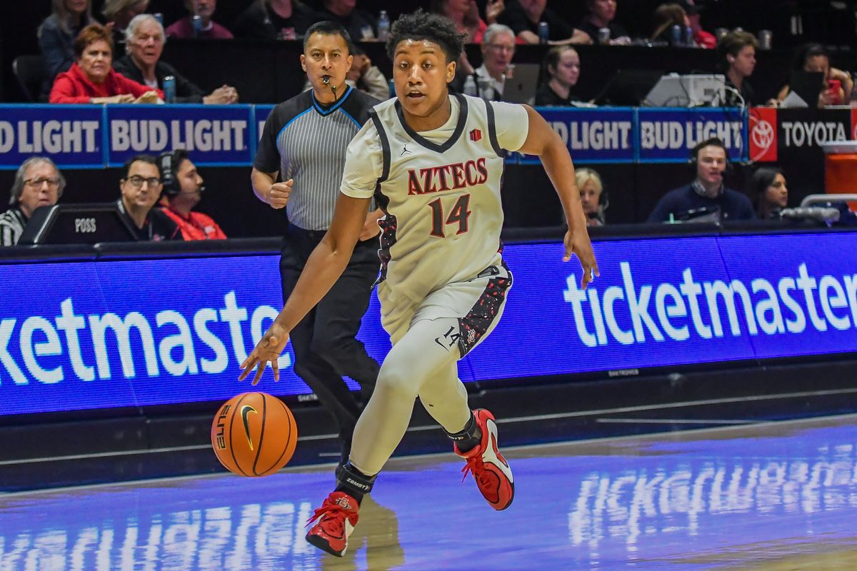 SDSU guard Nala Williams (14) dribbles the ball during an NCAA basketball  game against Nevada Saturday January 31, 2026 in  San Diego, California.