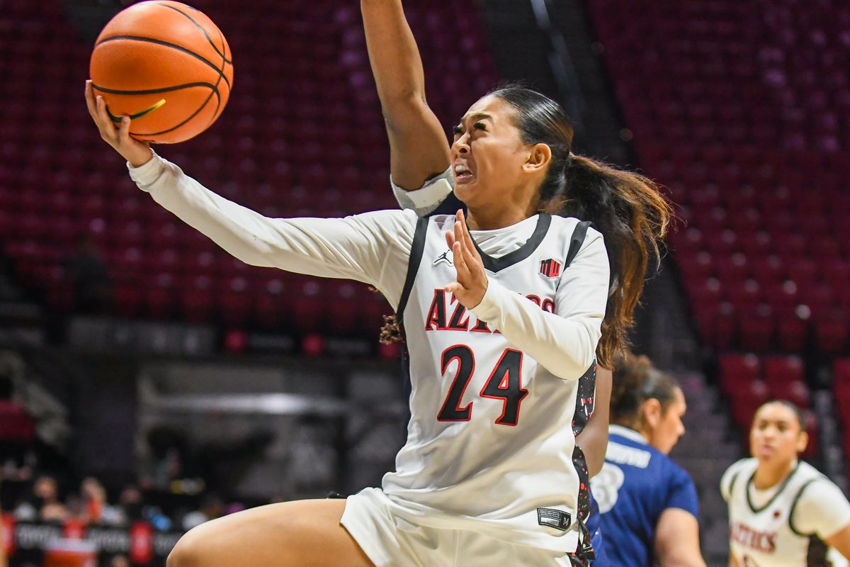 SDSU guard Naomi Panganiban (24) makes a driving layup during an NCAA basketball  game against Nevada Saturday January 31, 2026 in  San Diego, California.