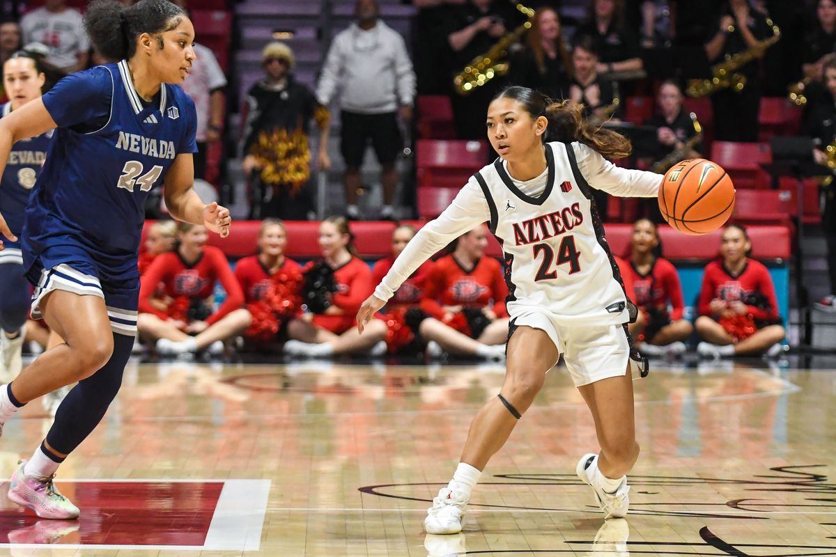 SDSU guard Naomi Panganiban (24) dribbles the ball during an NCAA basketball  game against Nevada Saturday January 31, 2026 in  San Diego, California.