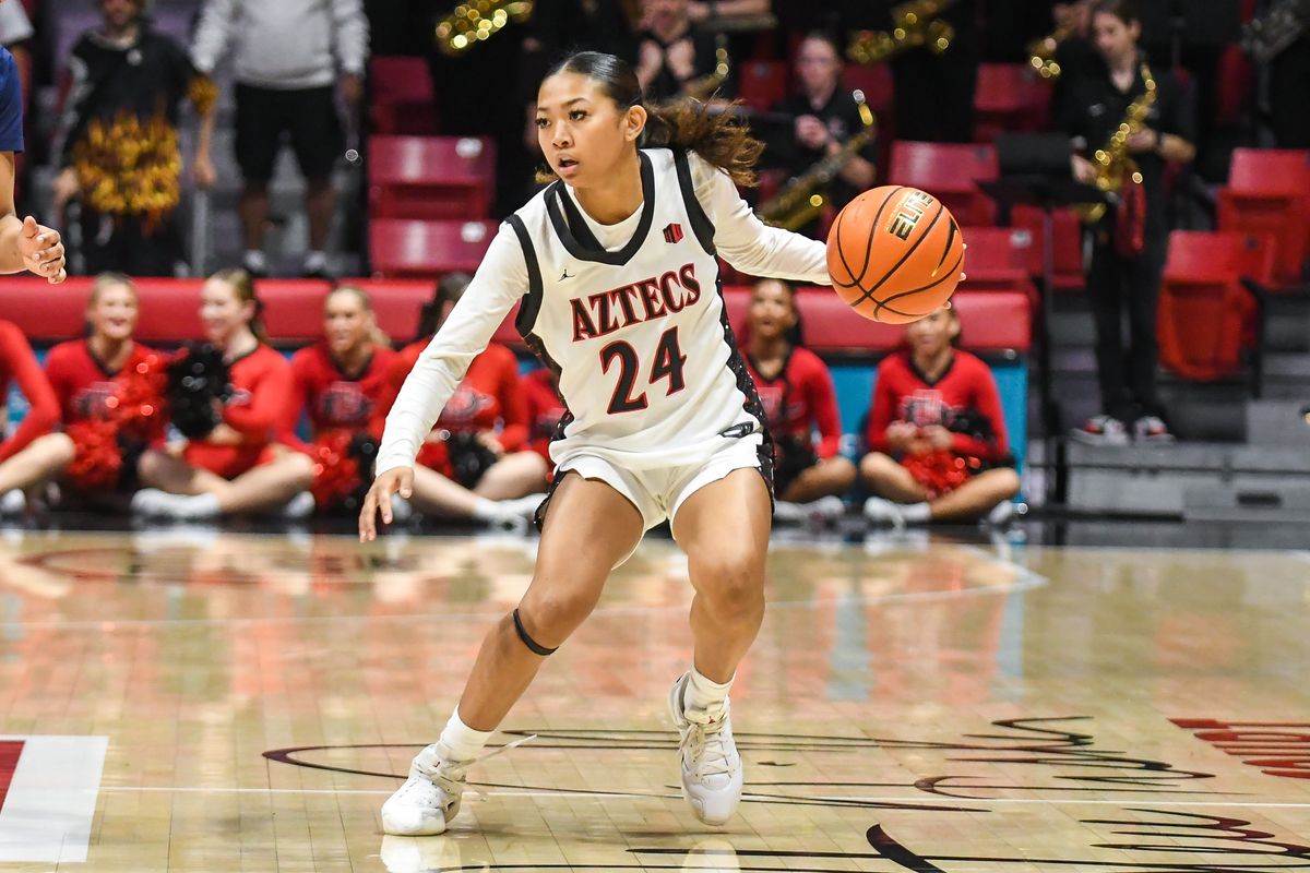 SDSU guard Naomi Panganiban (24) dribbles the ball during an NCAA basketball  game against Nevada Saturday January 31, 2026 in  San Diego, California.
