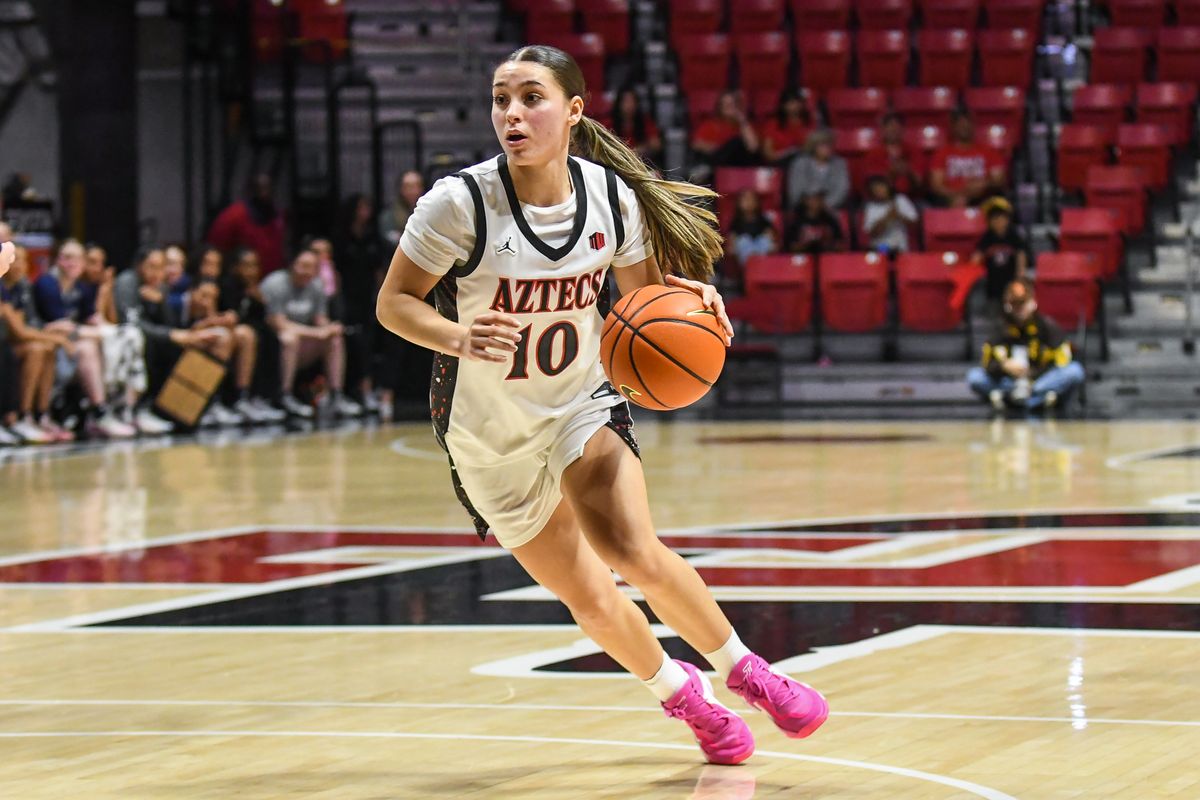 SDSU guard Nat Martinez (10) bring the ball up the floor during an NCAA basketball  game against Nevada Saturday January 31, 2026 in  San Diego, California.
