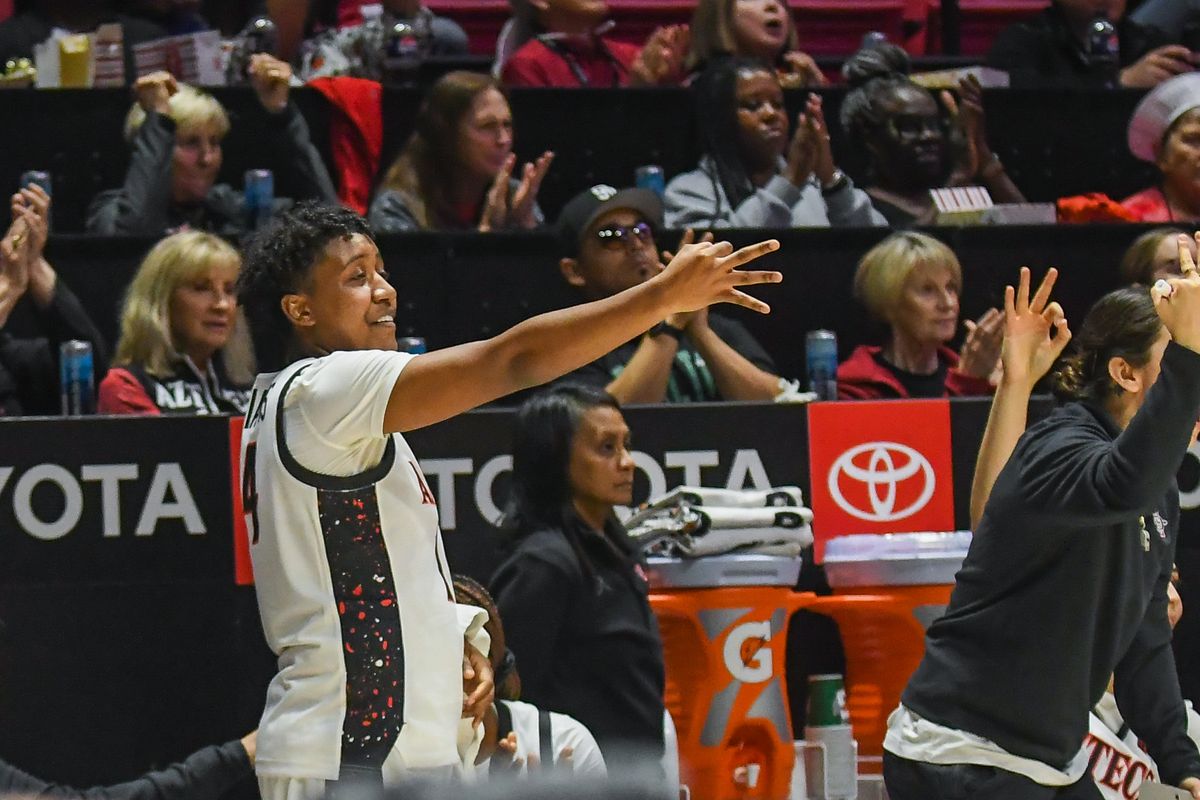 SDSU guard Nala Williams (14) celebrates a made three point shot during an NCAA basketball  game against Nevada Saturday January 31, 2026 in  San Diego, California.