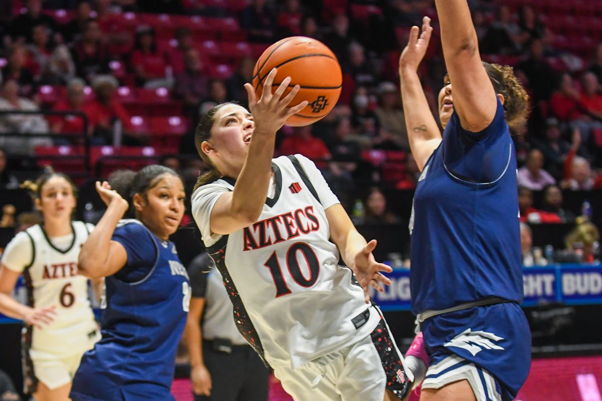SDSU guard Nat Martinez (10) makes a driving layup during an NCAA basketball  game against Nevada Saturday January 31, 2026 in  San Diego, California.