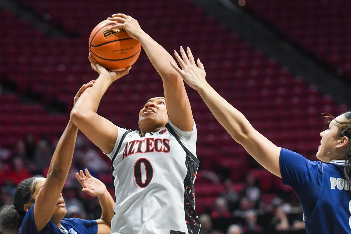 SDSU forward Kennedy Lee (0) shoots the ball  during an NCAA basketball  game against Nevada Saturday January 31, 2026 in  San Diego, California.