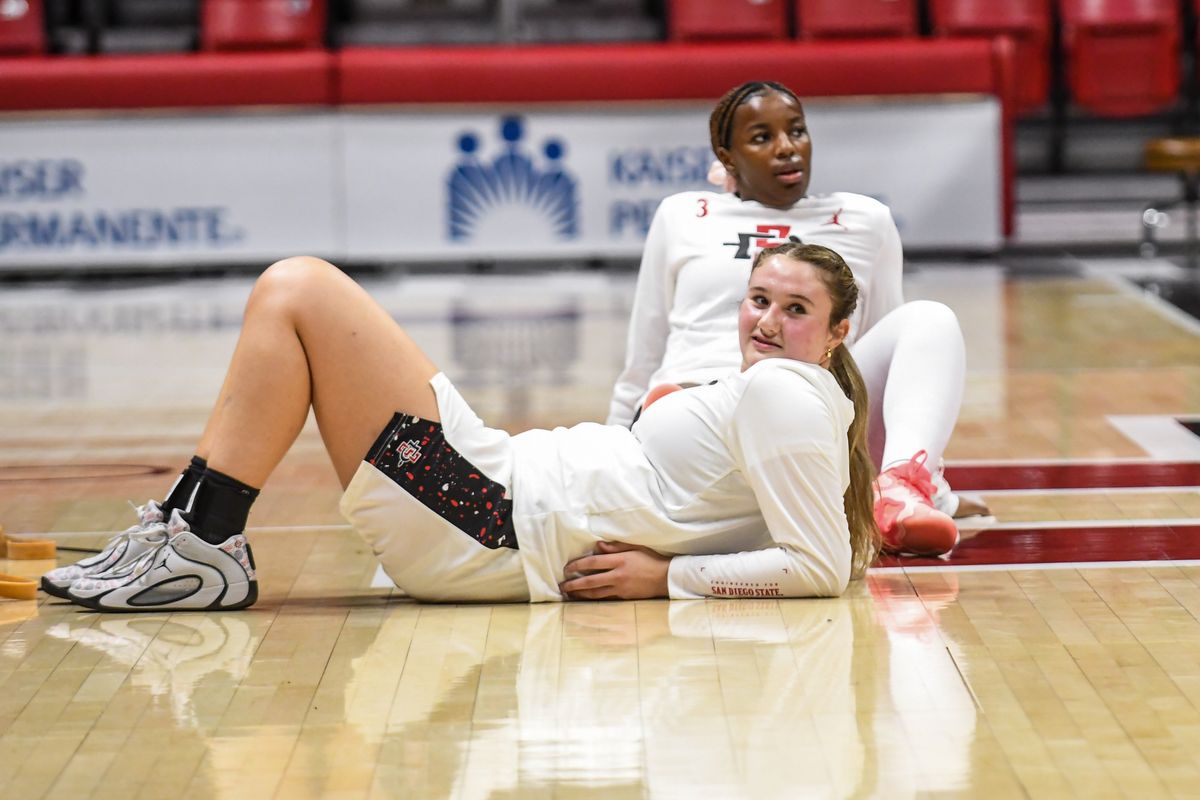 SDSU center Aubrey Cook (8) and SDSU guard Alyssa Jackson (3)  relax during warmups for an NCAA Women’s Basketball game against UNLV Wednesday February 18, 2026 in San Diego, California.