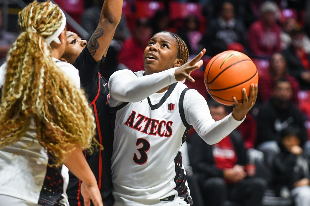 SDSU guard Alyssa Jackson (3) makes a driving layup during an NCAA Women’s Basketball game against UNLV Wednesday February 18, 2026 in San Diego, California.