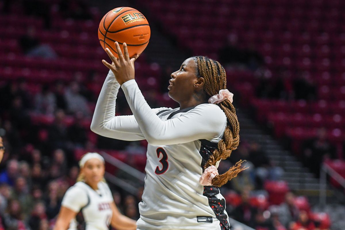 SDSU guard Alyssa Jackson (3) shoots the ball  during an NCAA Women’s Basketball game against UNLV Wednesday February 18, 2026 in San Diego, California.