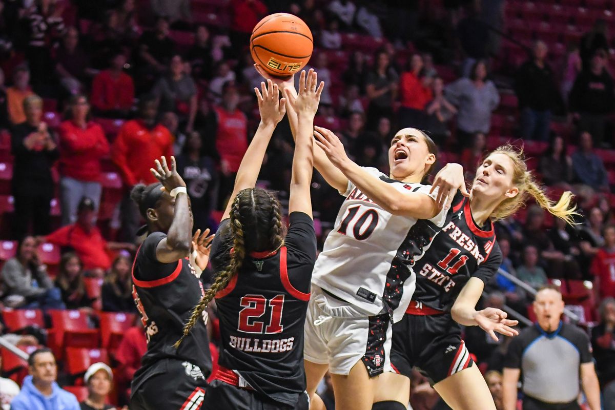 SDSU guard Nat Martinez (10) shoots the ball  during an NCAA Women’s Basketball game against Fresno State Saturday February 21, 2026 in San Diego, California.