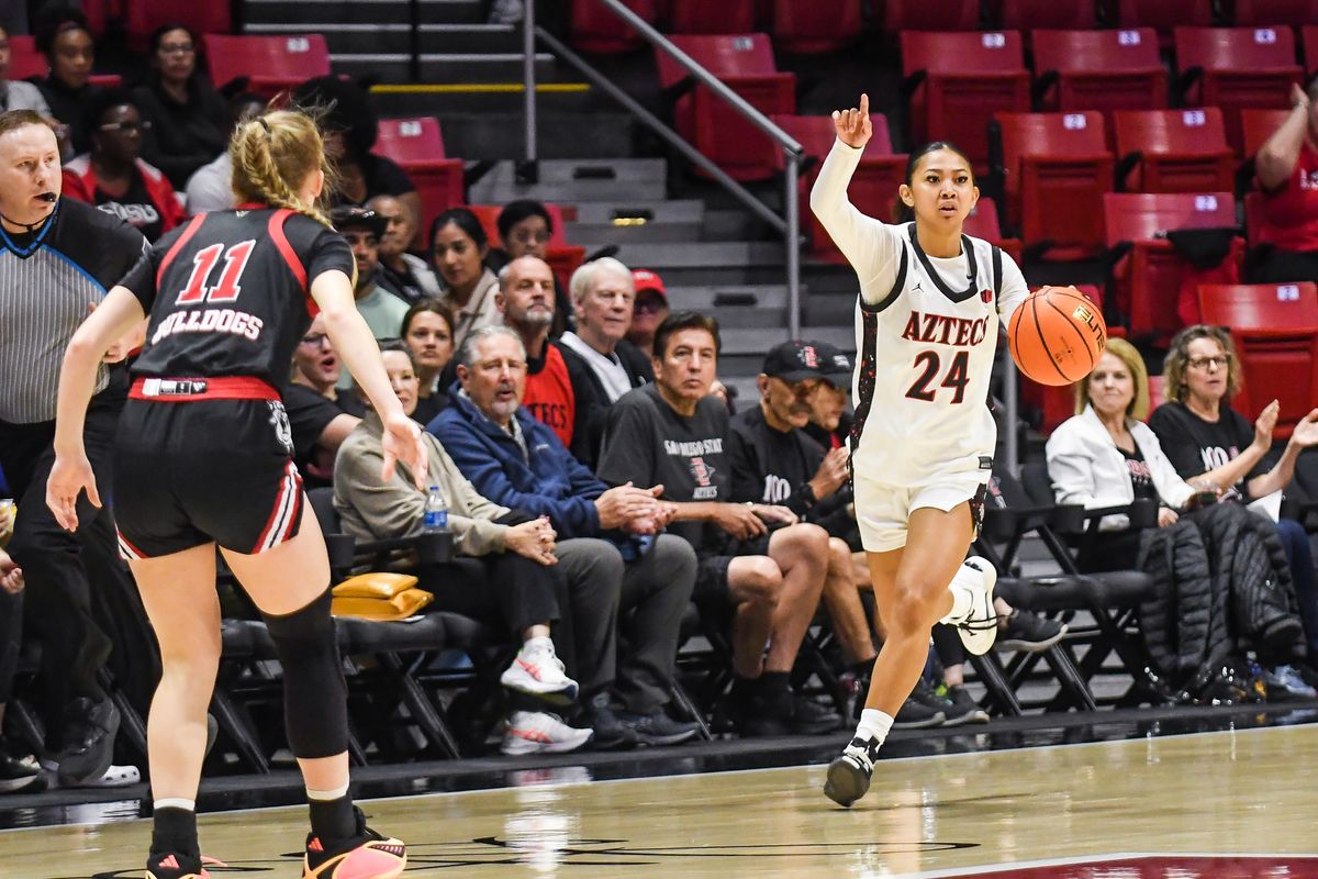 SDSU guard Naomi Panganiban (24) bring the ball up the floor during an NCAA Women’s Basketball game against Fresno State Saturday February 21, 2026 in San Diego, California.