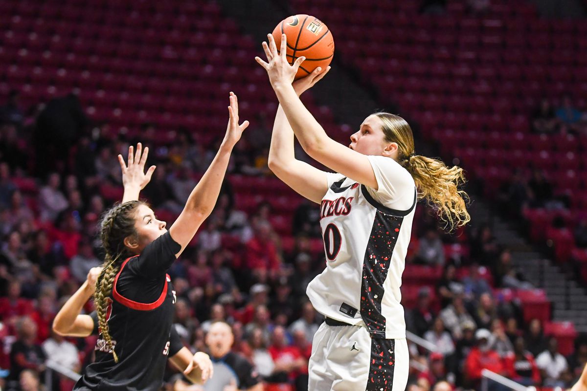 SDSU forward Bailey Barnhard (20) shoots the ball  during an NCAA Women’s Basketball game against Fresno State Saturday February 21, 2026 in San Diego, California.