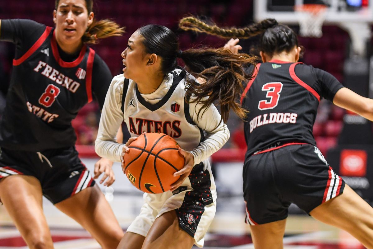 SDSU guard Naomi Panganiban (24) drives to the basket during an NCAA Women’s Basketball game against Fresno State Saturday February 21, 2026 in San Diego, California.