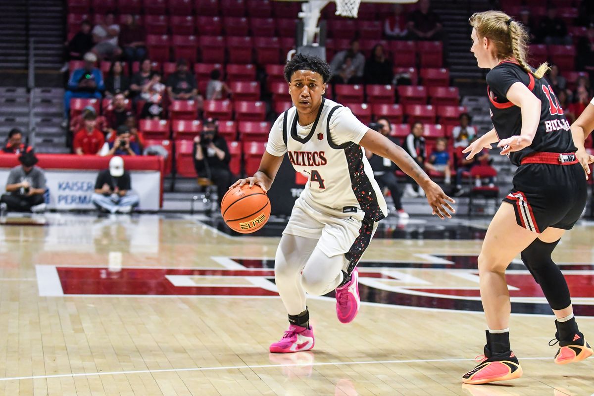SDSU guard Nala Williams (14)  dribbles the ball during an NCAA Women’s Basketball game against Fresno State Saturday February 21, 2026 in San Diego, California.