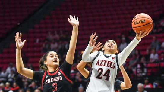 SDSU guard Naomi Panganiban (24)  makes a running layup during an NCAA Women’s Basketball game against Fresno State Saturday February 21, 2026 in San Diego, California.