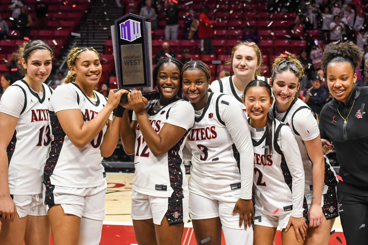 SDSU  Aztecs celebrate winning the Mountain West Championships during an NCAA Women’s Basketball game against Fresno State Saturday February 21, 2026 in San Diego, California.