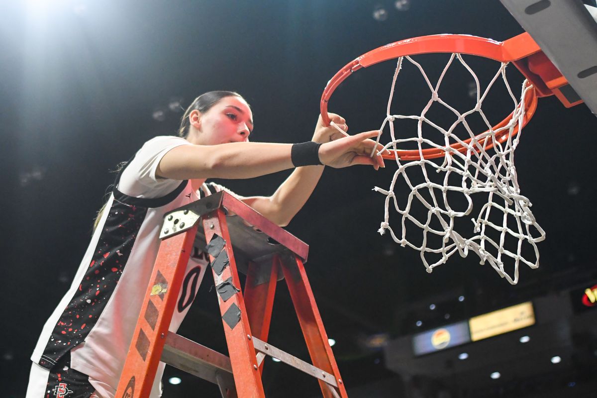 SDSU  Aztecs celebrate winning the Mountain West Championships during an NCAA Women’s Basketball game against Fresno State Saturday February 21, 2026 in San Diego, California.
