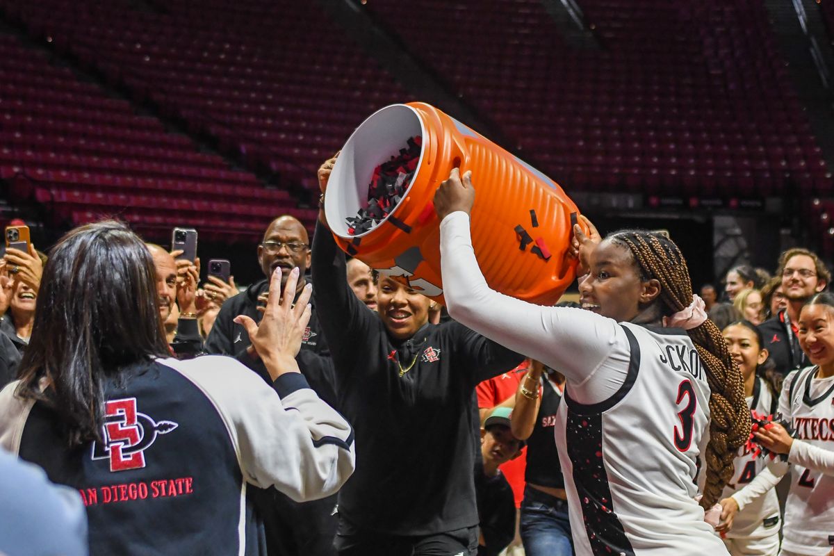 SDSU  Aztecs celebrate winning the Mountain West Championships during an NCAA Women’s Basketball game against Fresno State Saturday February 21, 2026 in San Diego, California.