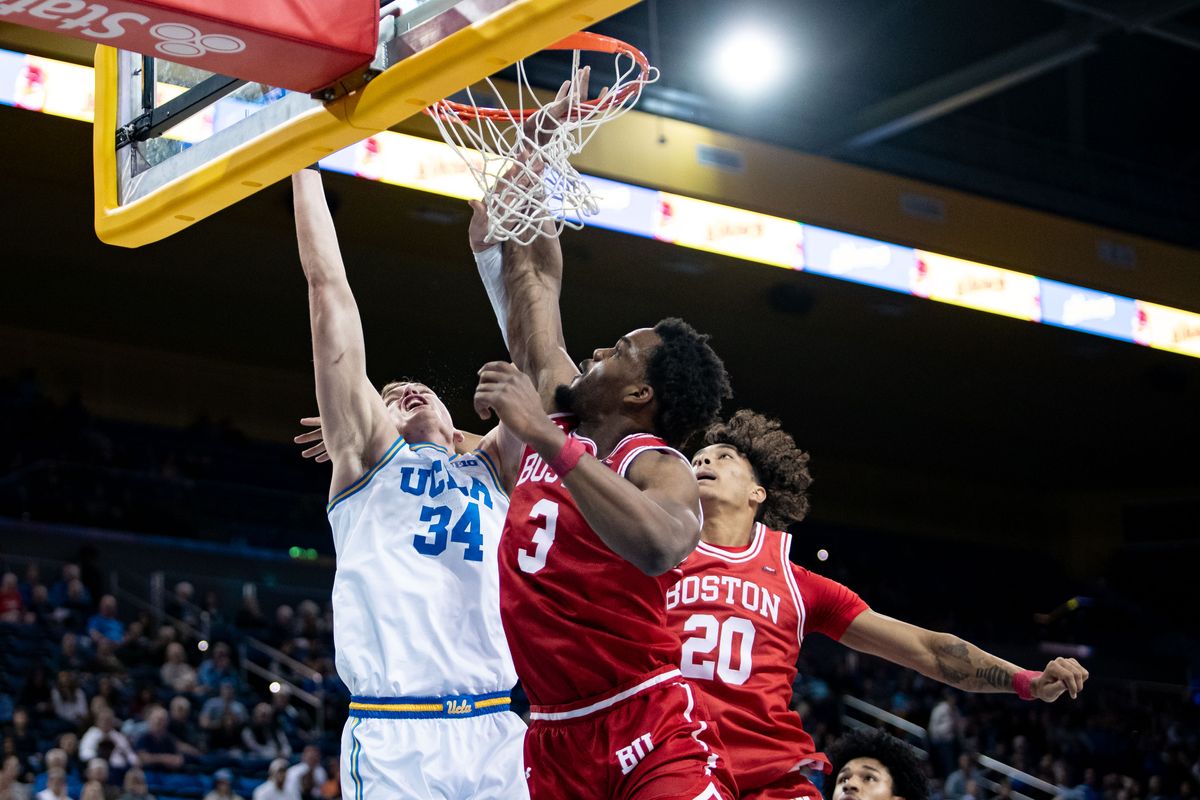 UCLA Bruins forward Tyler Bilodeau (34) leaps for a 2 point during the 1st half of the game against Boston University Terriers on Monday, November 11th, 2024, at Pauley Pavilion in Los Angeles, CA.