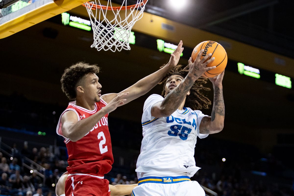 UCLA Bruins guard Skyy Clark (55) shoots for a layup during the 1st half of the game against Boston University Terriers on Monday, November 11th, 2024, at Pauley Pavilion in Los Angeles, CA.