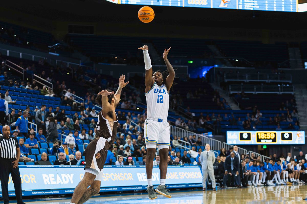 UCLA Bruins Guard Sebastian Mack (12) shooting the jumper during an NCAA basketball game against Lehigh, Friday November 15th, 2024 in Los Angeles, California. 