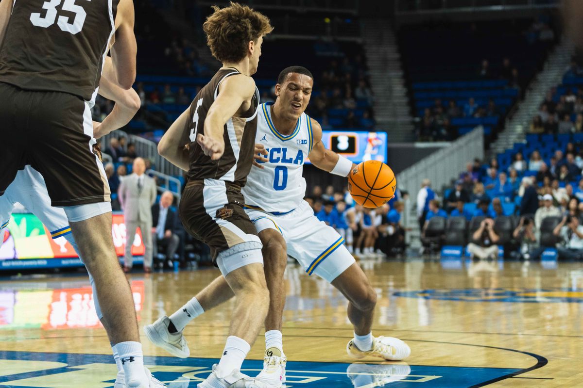UCLA Bruins Guard Kobe Johnson (0) powering his way into the lane during an NCAA basketball game against Lehigh, Friday November 15th, 2024 in Los Angeles, California