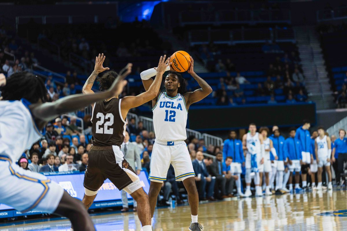 UCLA Bruins Guard Sebastian Mack (12) setting up the offense during an NCAA basketball game against Lehigh, Friday November 15th, 2024 in Los Angeles, California. 