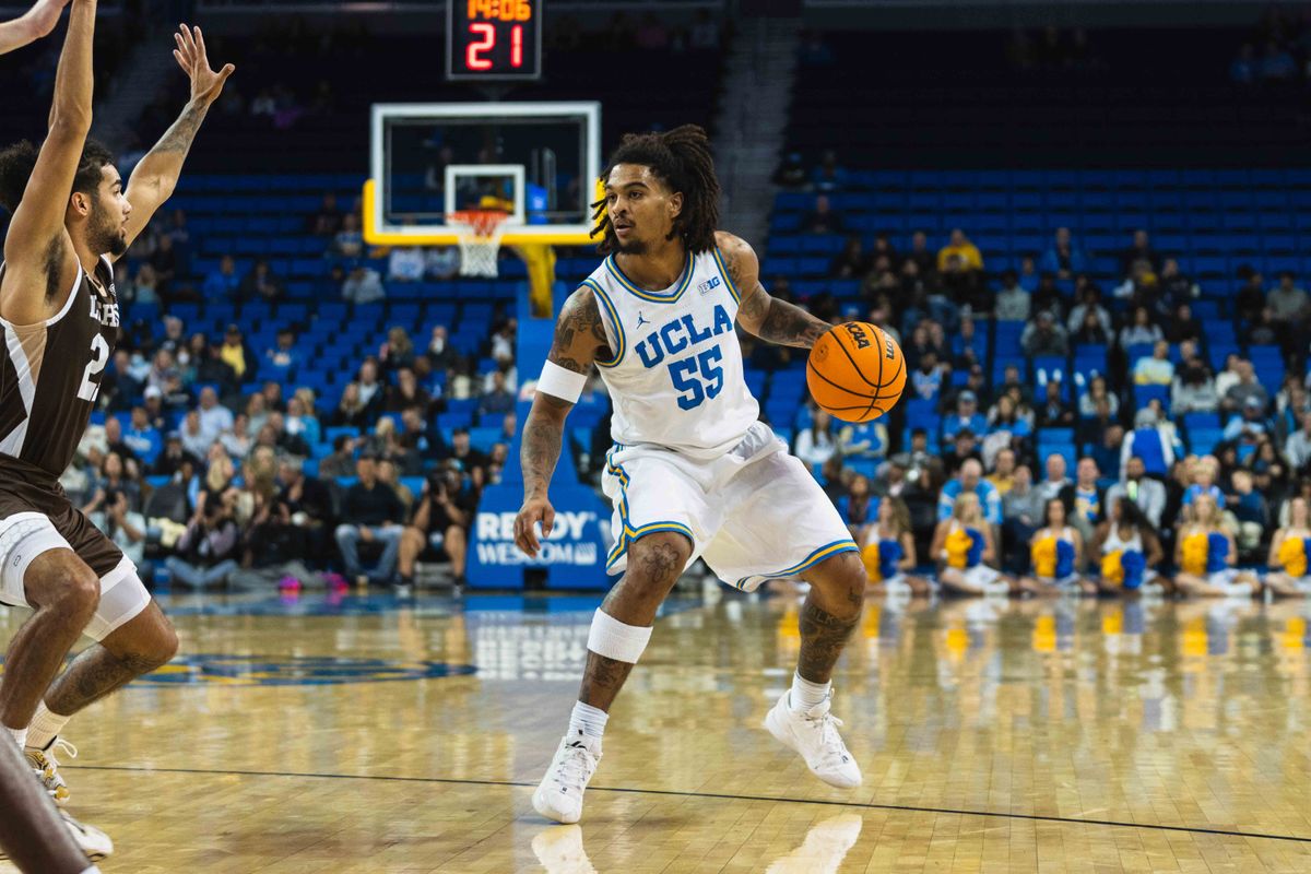 UCLA Bruins Guard Skyy Clark (55) looking to score during an NCAA basketball game against Lehigh, Friday November 15th, 2024 in Los Angeles, California. 