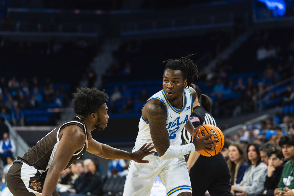 UCLA Bruins Guard Sebastian Mack (12) looking to score during an NCAA basketball game against Lehigh, Friday November 15th, 2024 in Los Angeles, California. 