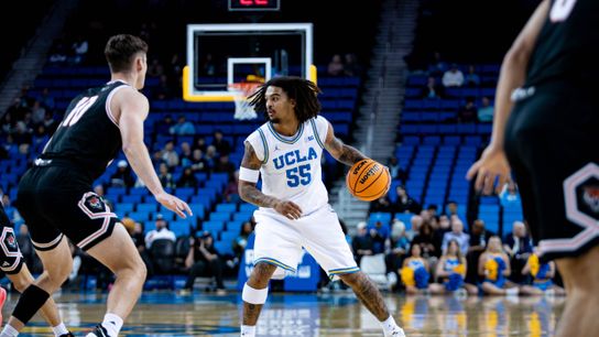 UCLA Bruins guard Skyy Clark (55) defends the ball during the 1st half of the game against the Idaho State Bengals on Wednesday, November 20th, 2024, at Pauley Pavilion in Los Angeles, CA.