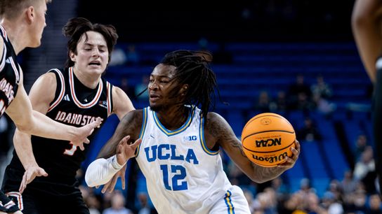 UCLA Bruins guard Sebastian Mack (12) gets guarded when in possession of the ball during the 1st half of the game against the Idaho State Bengals on Wednesday, November 20th, 2024, at Pauley Pavilion in Los Angeles, CA.