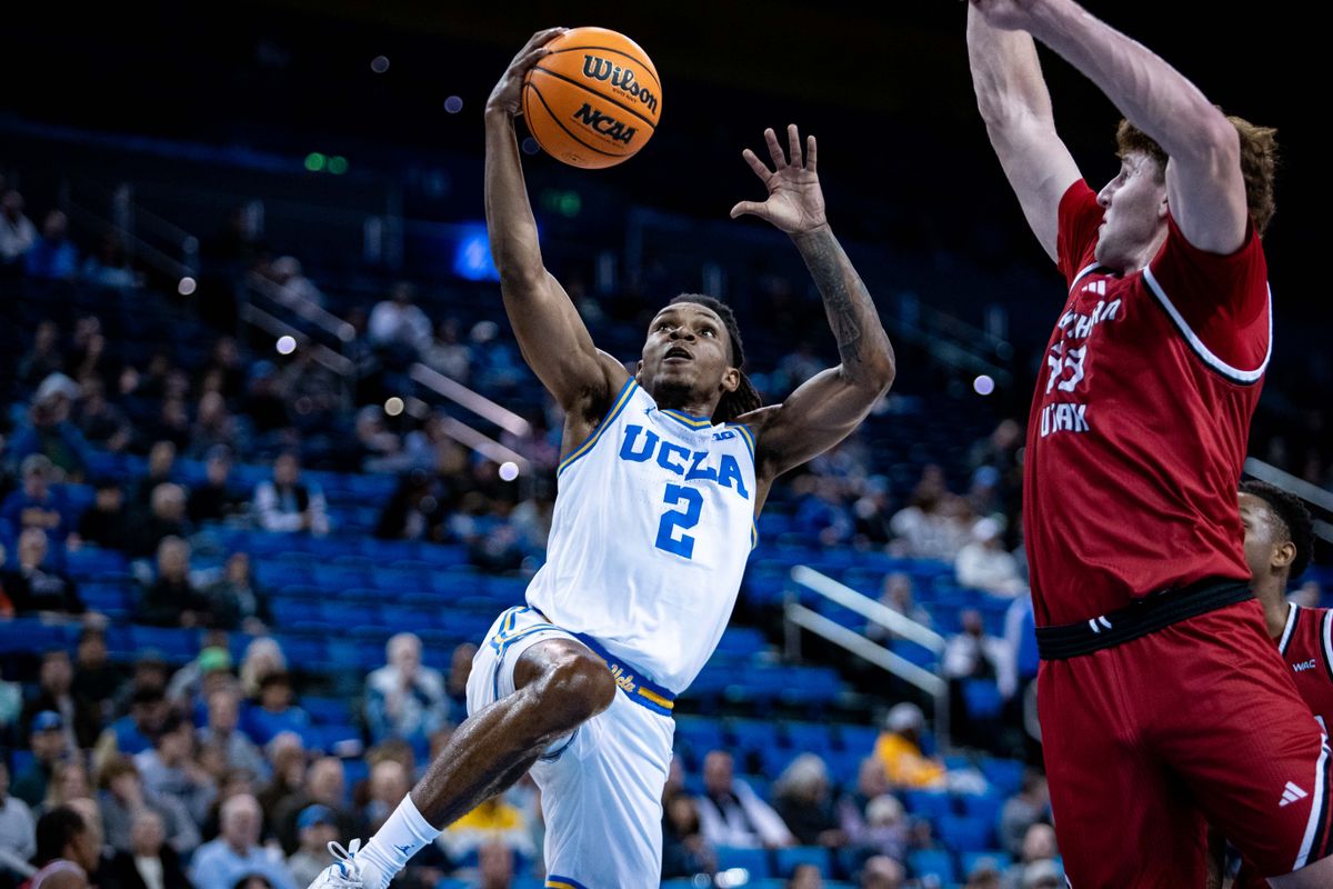 UCLA Bruins guard Dylan Andrews (2) leaps in the air for a layup during the 1st half of the game against Southern Utah on Tuesday, November 26th, 2024, at Pauley Pavilion in Los Angeles, CA. UCLA Bruins guard Dylan Andrews (2) leaps in the air for a layup during the 1st half of the game against Southern Utah on Tuesday, November 26th, 2024, at Pauley Pavilion in Los Angeles, CA.