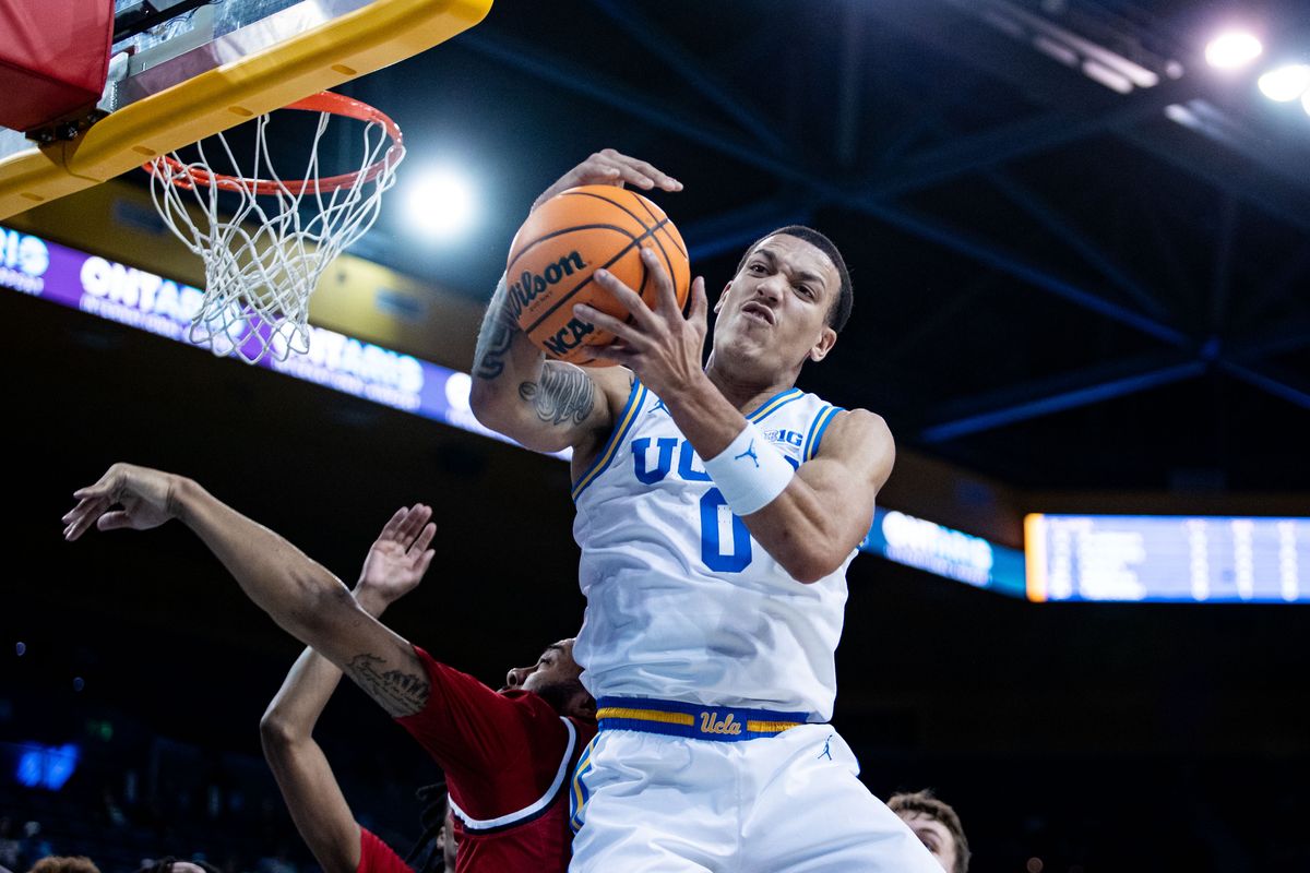 UCLA Bruins guard Kobe Johnson (0) grabs a rebounded ball during the 1st half of the game against Southern Utah on Tuesday, November 26th, 2024, at Pauley Pavilion in Los Angeles, CA. UCLA Bruins guard Kobe Johnson (0) grabs a rebounded ball during the 1st half of the game against Southern Utah on Tuesday, November 26th, 2024, at Pauley Pavilion in Los Angeles, CA.