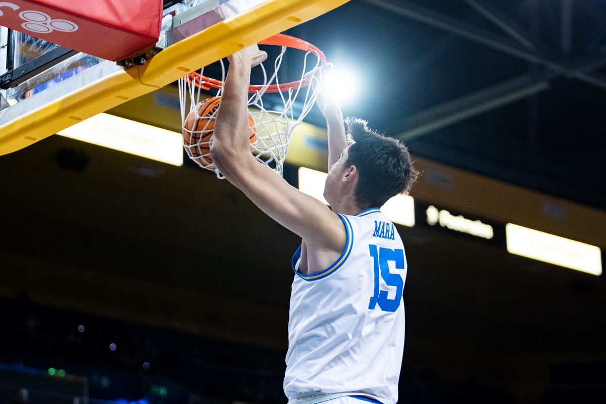 UCLA Bruins center Aday Mara (15) dunks the ball during the 1st half of the game against Southern Utah on Tuesday, November 26th, 2024, at Pauley Pavilion in Los Angeles, CA. UCLA Bruins center Aday Mara (15) dunks the ball during the 1st half of the game against Southern Utah on Tuesday, November 26th, 2024, at Pauley Pavilion in Los Angeles, CA.