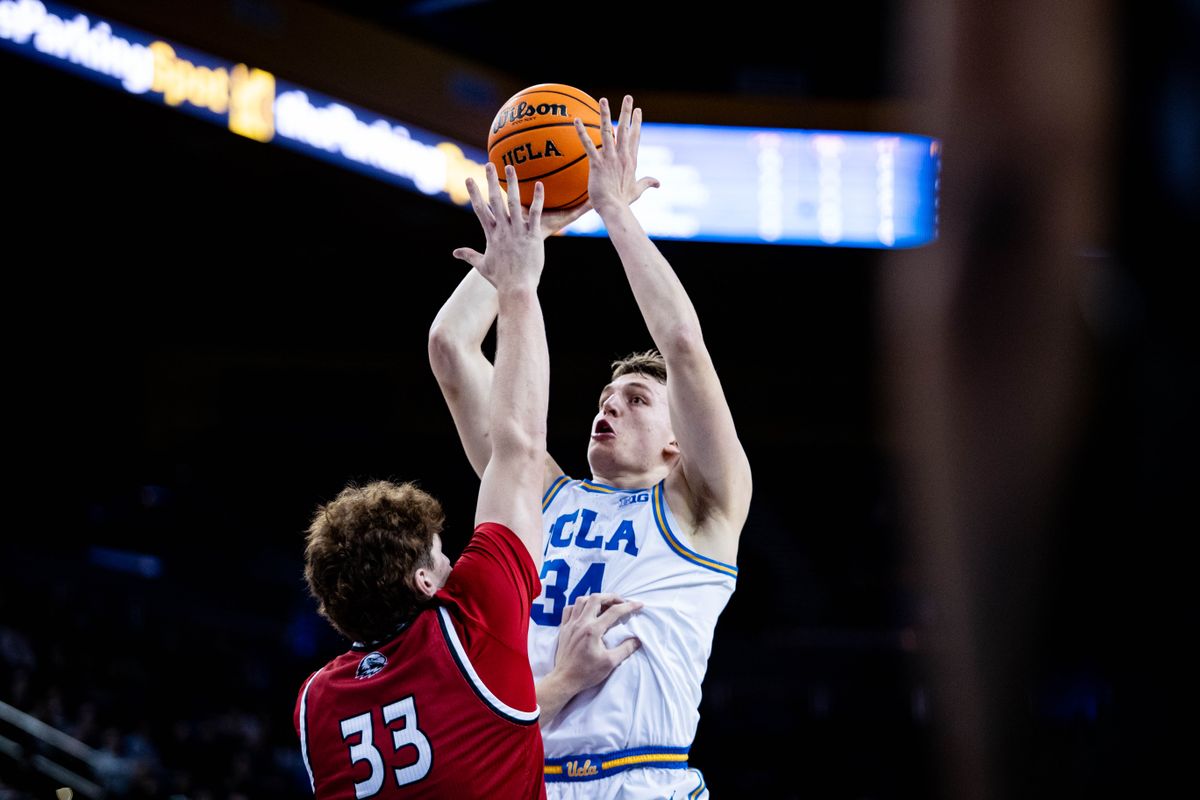 UCLA Bruins forward Tyler Bilodeau (34) jumps for a two pointer during the 1st half of the game against Southern Utah on Tuesday, November 26th, 2024, at Pauley Pavilion in Los Angeles, CA. UCLA Bruins forward Tyler Bilodeau (34) jumps for a two pointer during the 1st half of the game against Southern Utah on Tuesday, November 26th, 2024, at Pauley Pavilion in Los Angeles, CA.