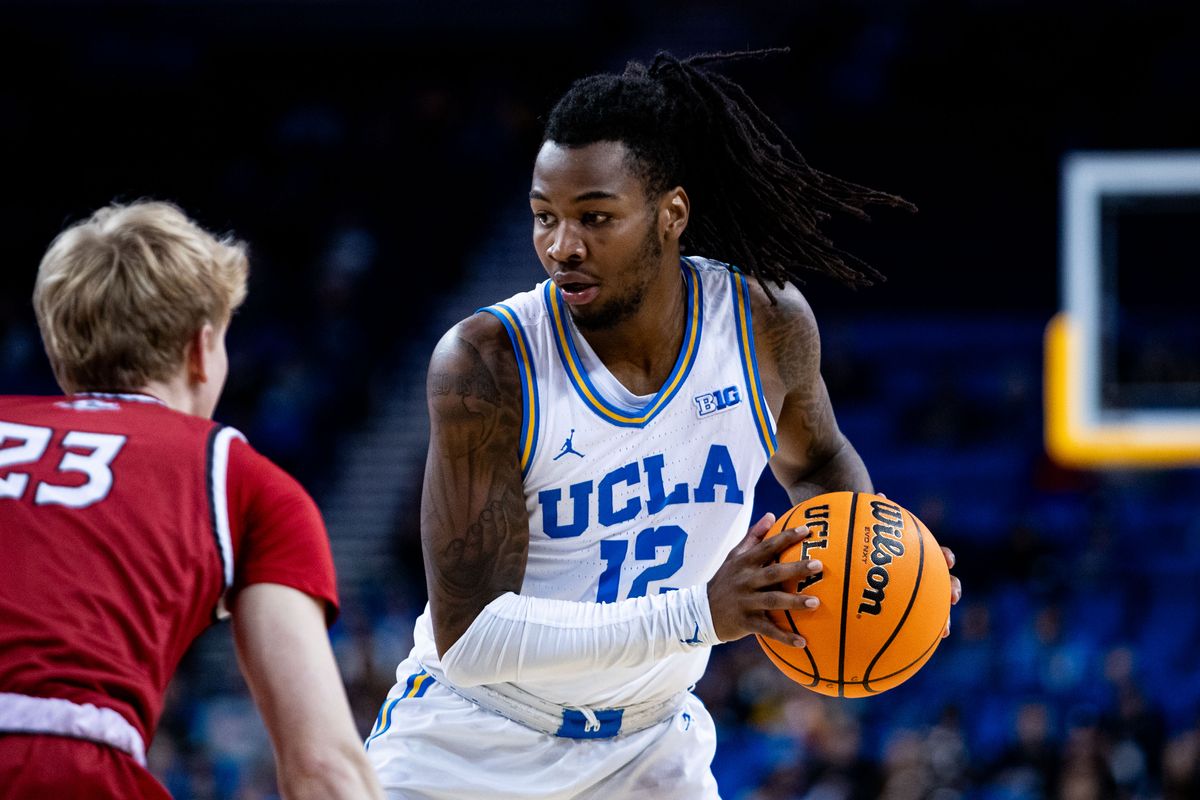 UCLA Bruins guard Sebastian Mack (12) has possession of the ball during the 1st half of the game against Southern Utah on Tuesday, November 26th, 2024, at Pauley Pavilion in Los Angeles, CA. UCLA Bruins guard Sebastian Mack (12) has possession of the ball during the 1st half of the game against Southern Utah on Tuesday, November 26th, 2024, at Pauley Pavilion in Los Angeles, CA.