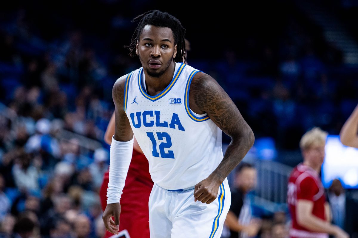 UCLA Bruins guard Sebastian Mack (12) watches ball during the 1st half of the game against Southern Utah on Tuesday, November 26th, 2024, at Pauley Pavilion in Los Angeles, CA. UCLA Bruins guard Sebastian Mack (12) watches ball during the 1st half of the game against Southern Utah on Tuesday, November 26th, 2024, at Pauley Pavilion in Los Angeles, CA.
